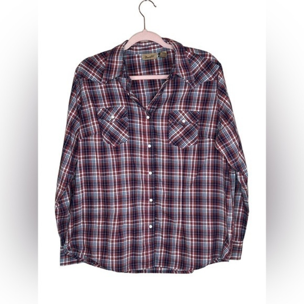 Wrangler Women's Pearl Snap Button Up Shirt Red Blue Plaid Size XL Cotton Blend